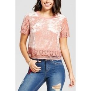 Xhilaration Crushed Velvet Pink Crop Top w/ Lace